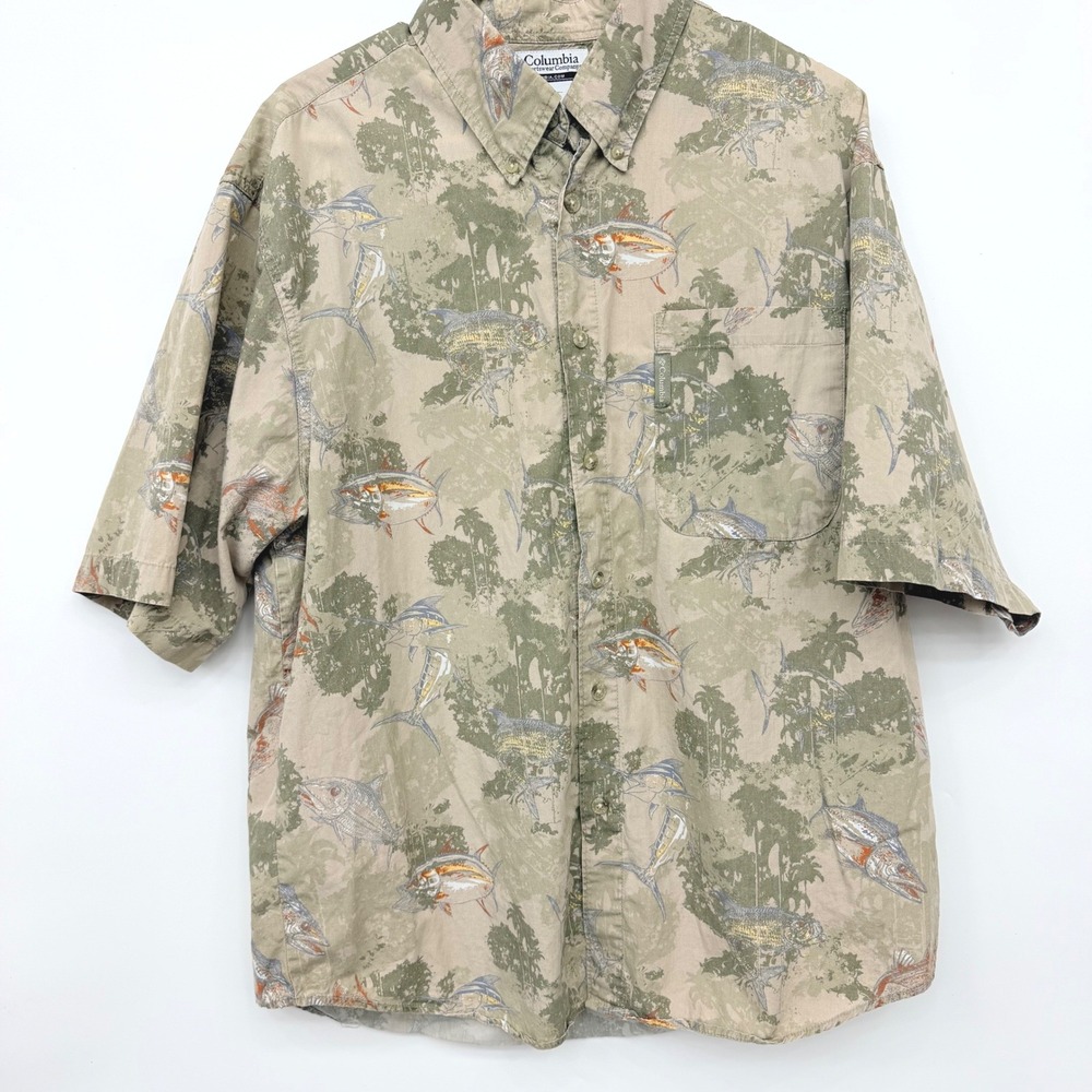Columbia Fish Print Button Down Shirt Short Sleeve Outdoor Mens Largeโ Tan